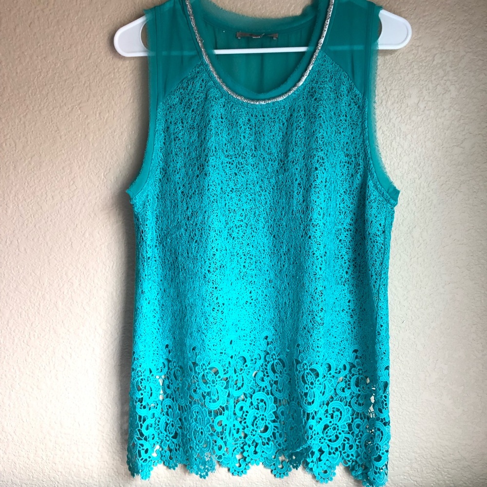 Miss me turquoise/aqua lace/beaded neck tank top